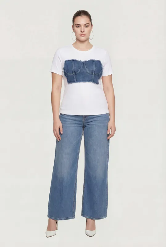 Plus Size Denim Corset Detail Short Sleeve Crew Neck Tee sold by Rainbow