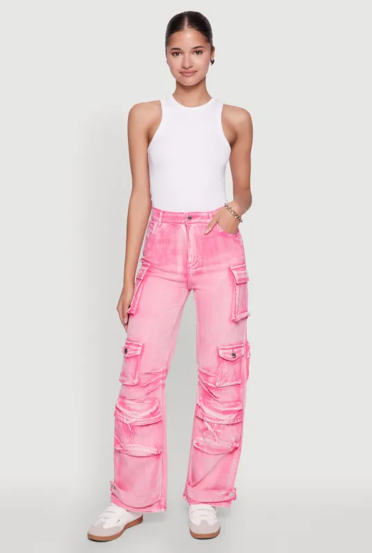 Daisy Acid Wash High Waisted Wide Leg Cargo Jeans sold by Rainbow
