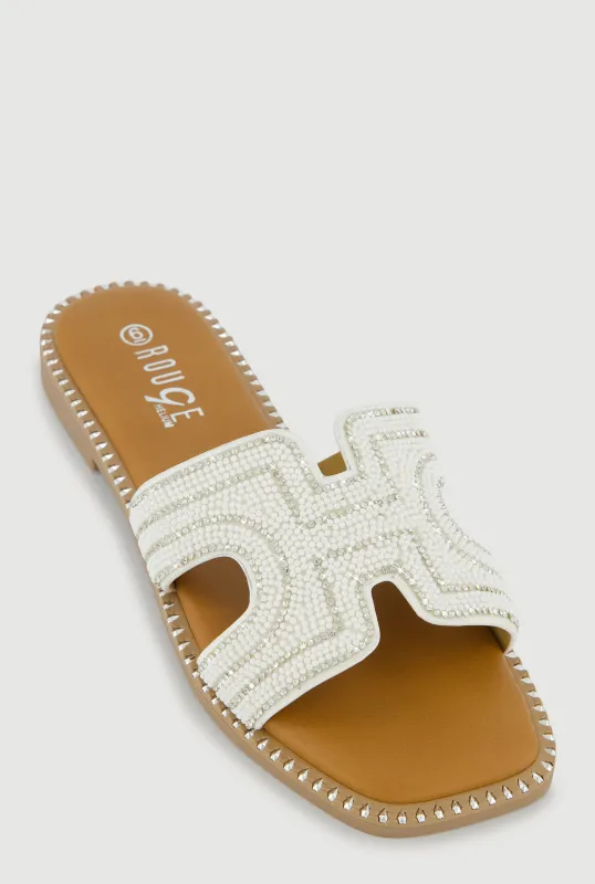 Rhinestone Beaded H Band Slide Sandals with Studded Trim sold by Rainbow