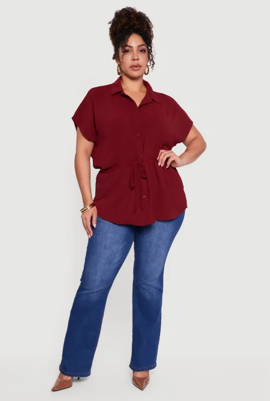 Plus Size Drawstring Waist Button Front Blouse sold by Rainbow