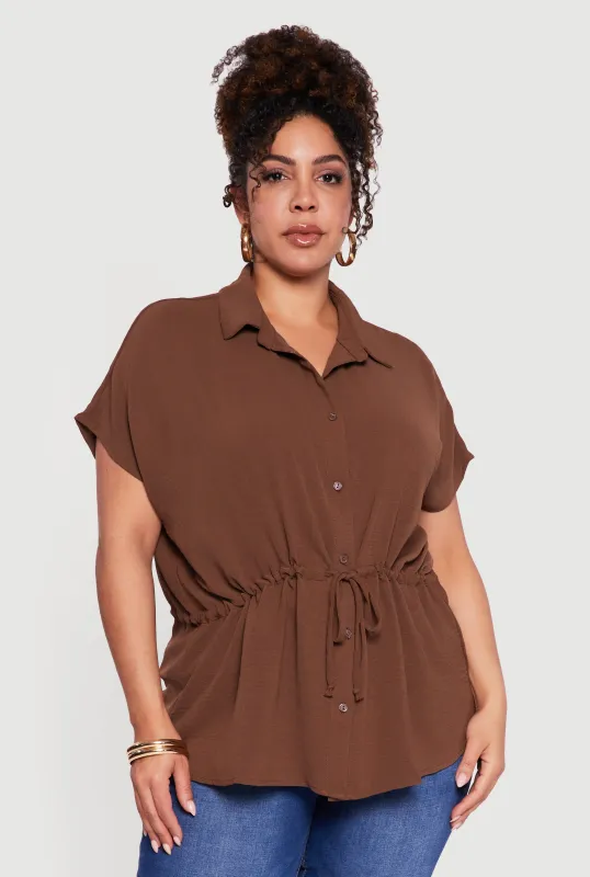 Plus Size Drawstring Waist Button Front Blouse sold by Rainbow