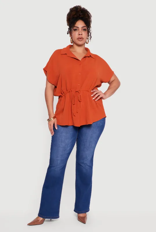 Plus Size Drawstring Waist Button Front Blouse sold by Rainbow