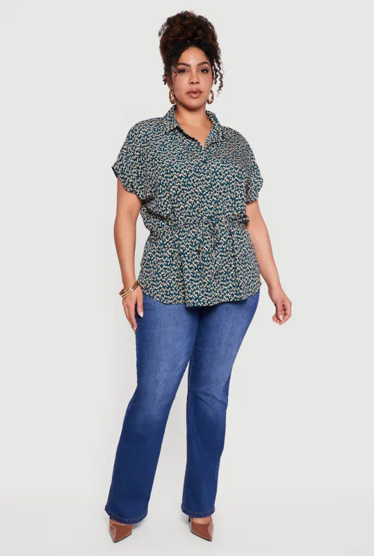 Plus Size Patterned Cinched Waist Button Front Shirt sold by Rainbow