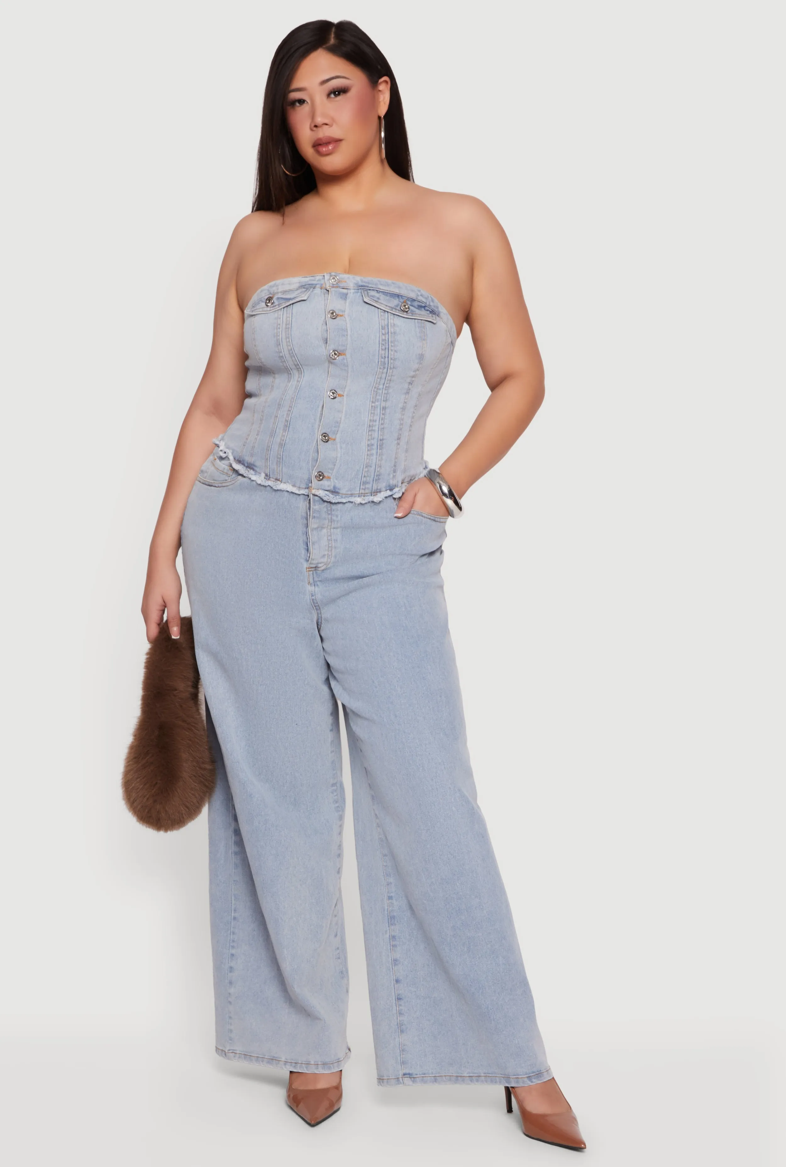 Plus Size Strapless Button Front Denim Jumpsuit sold by Rainbow