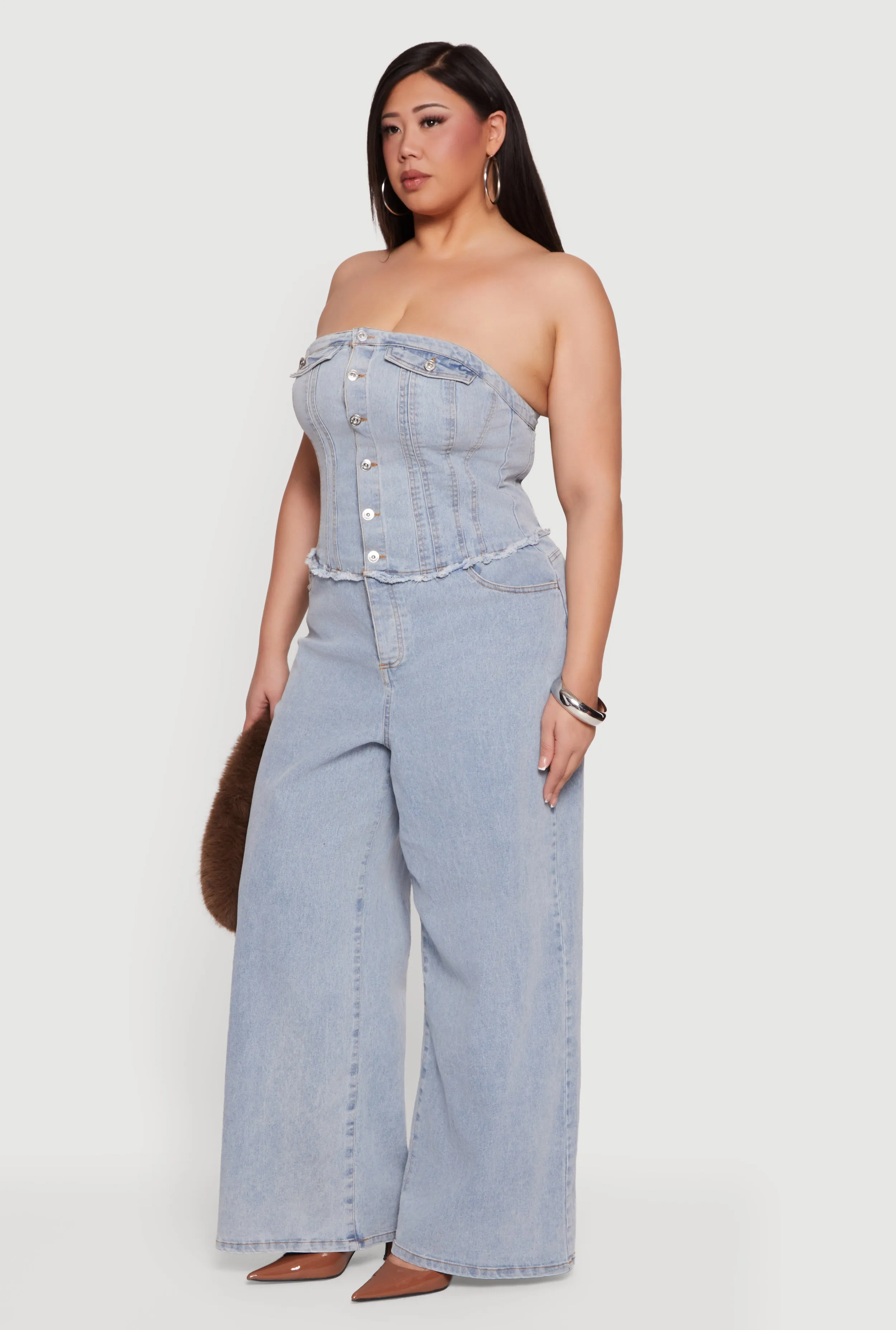 Plus Size Strapless Button Front Denim Jumpsuit sold by Rainbow product image thumbnail 2