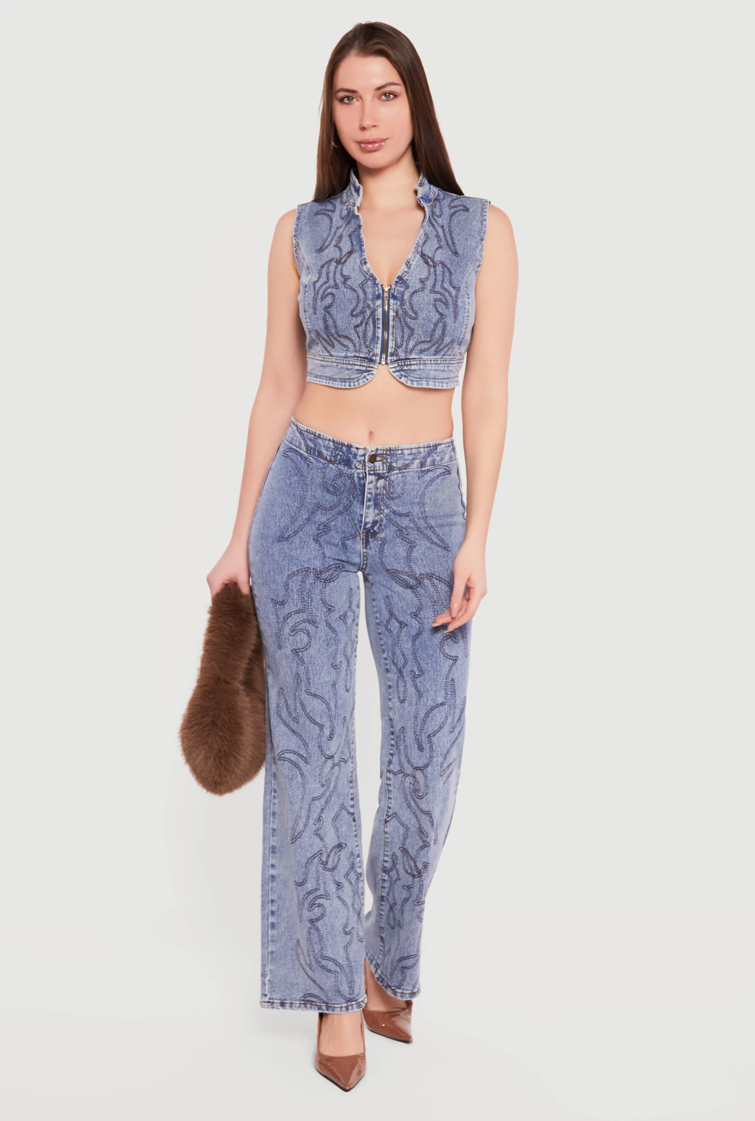 Straight Leg Western Decorative Stitch Jeans sold by Rainbow