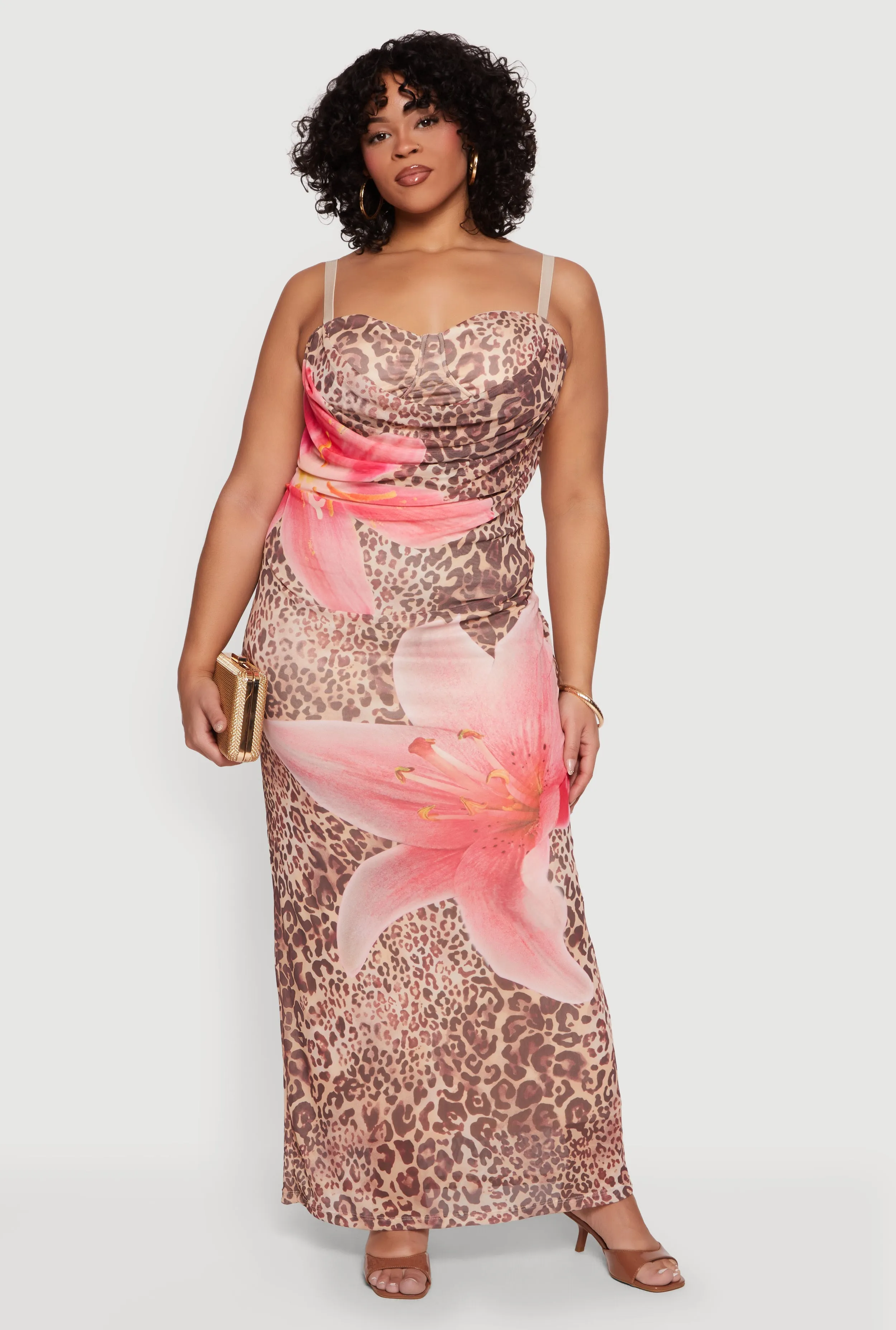 Plus Size Floral Animal Print Mesh Cowl Neck Dress sold by Rainbow