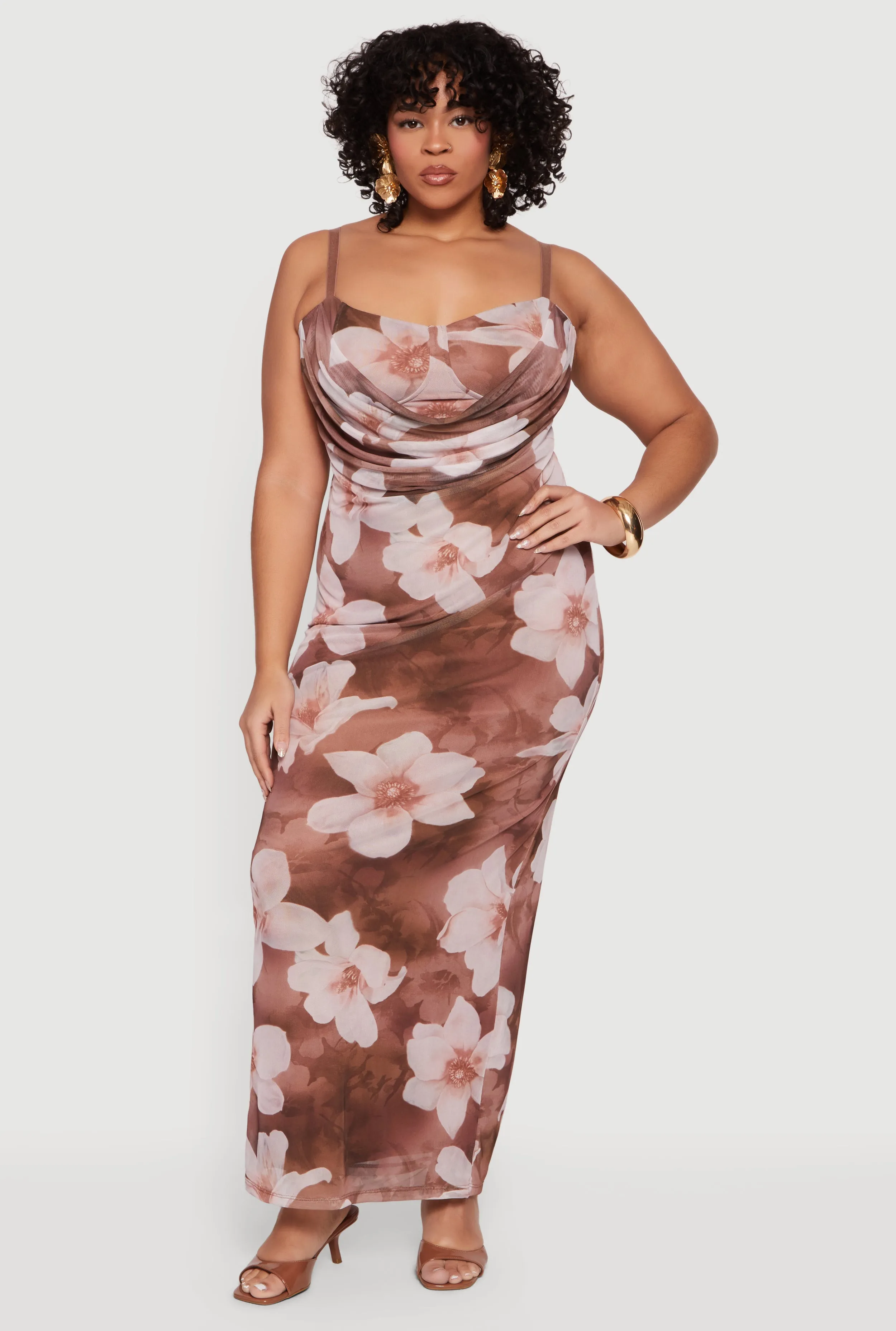 Plus Size Almost Famous Floral Mesh Cowl Neck Maxi Dress sold by Rainbow