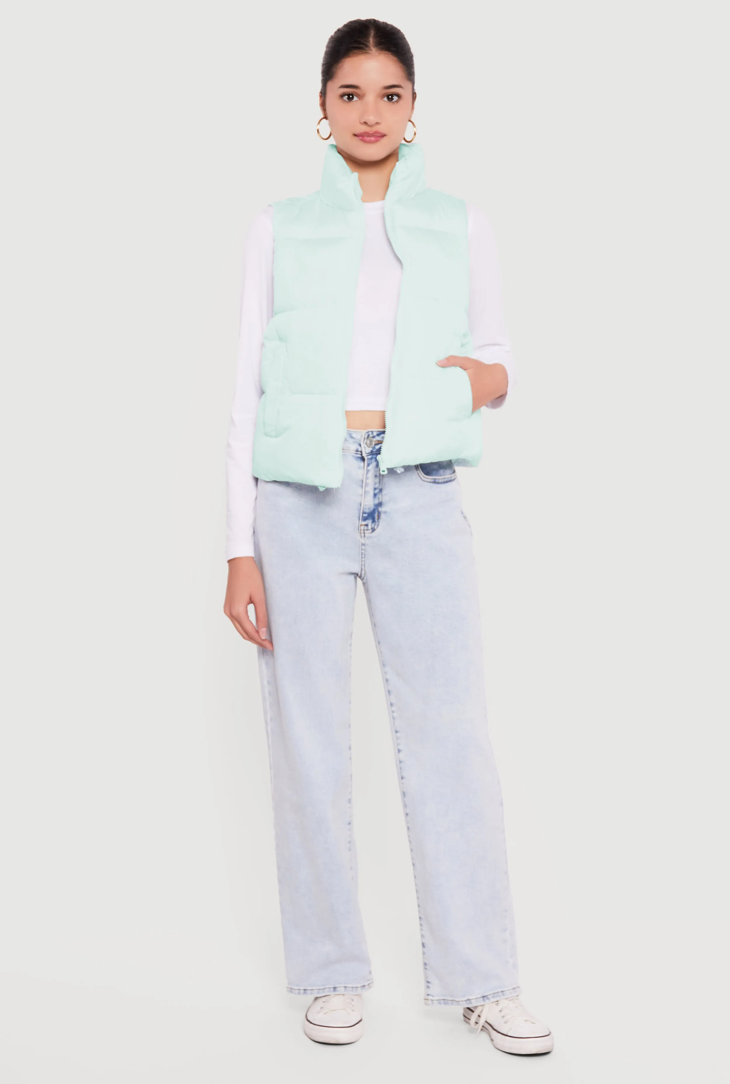 Almost Famous Solid Mock Neck Zip Front Puffer Vest sold by Rainbow