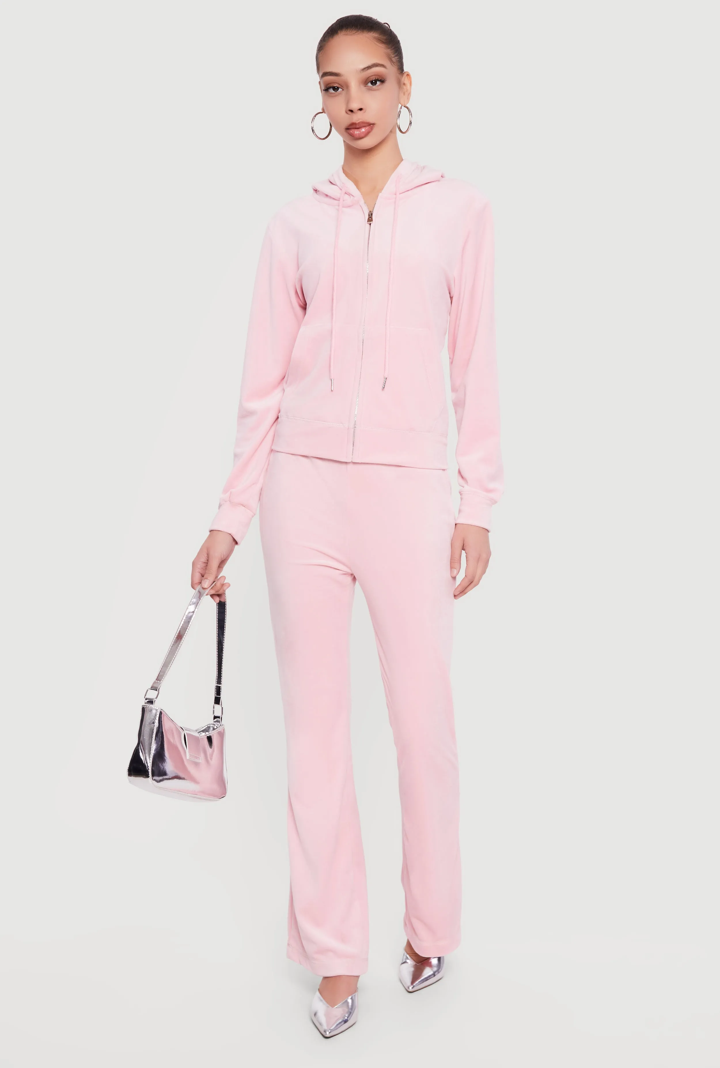 Rhinestone Rampage Velour Drawstring Waist Flare Pants sold by Rainbow