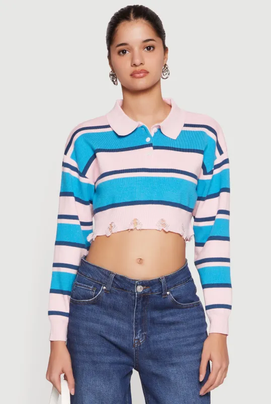 Striped Frayed Hem Cropped Polo Sweater sold by Rainbow