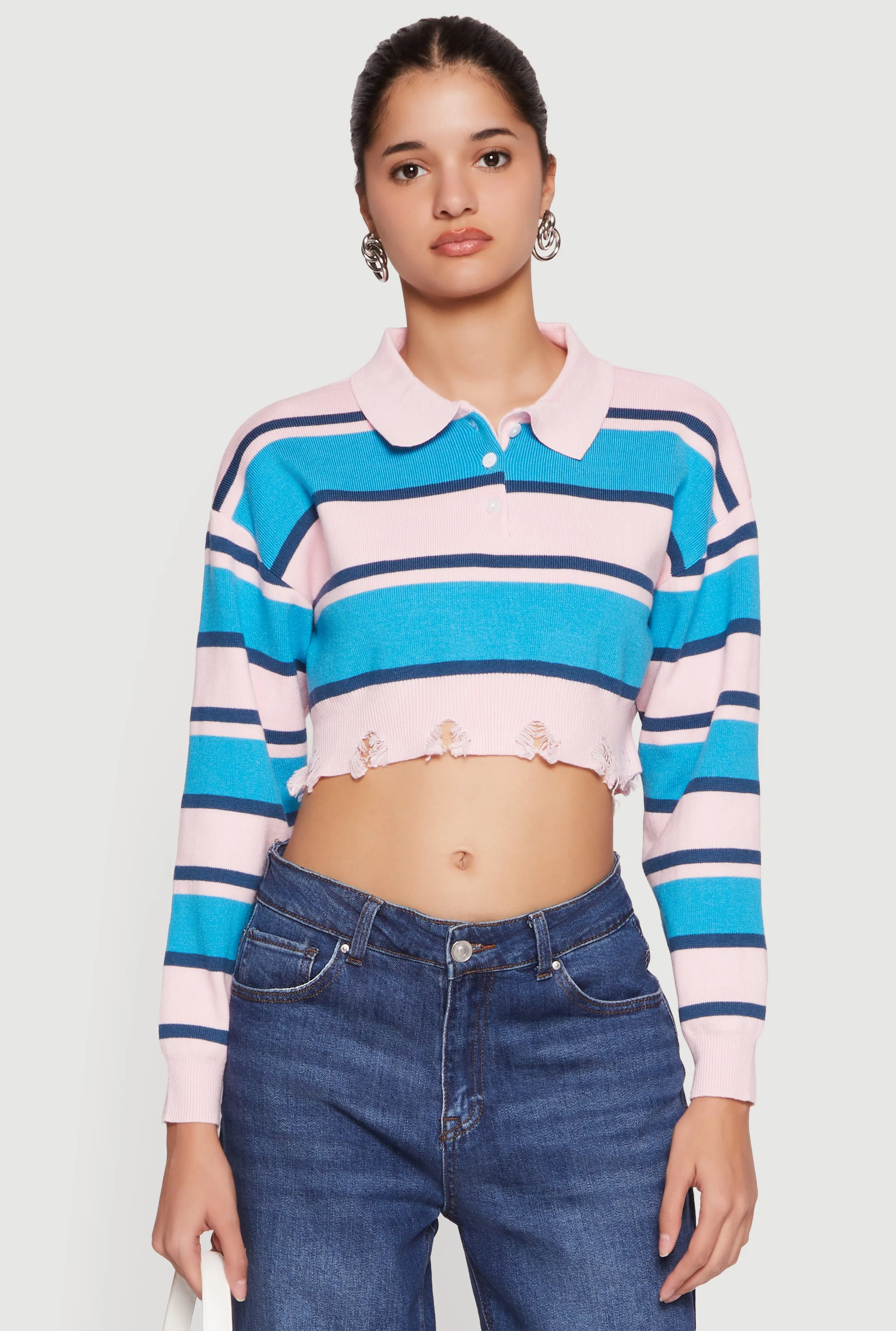 Striped Frayed Hem Cropped Polo Sweater sold by Rainbow