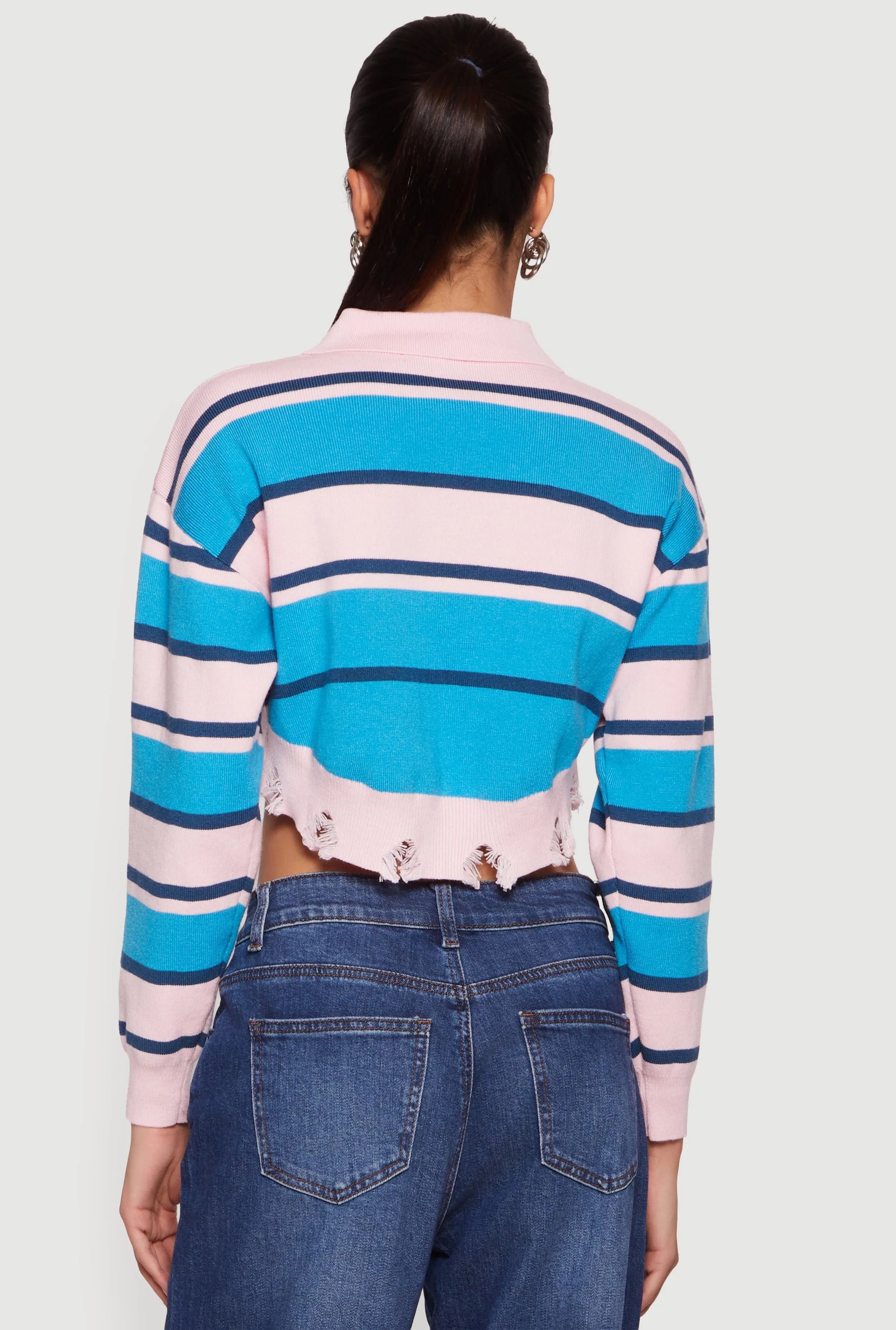 Striped Frayed Hem Cropped Polo Sweater sold by Rainbow product image thumbnail 5