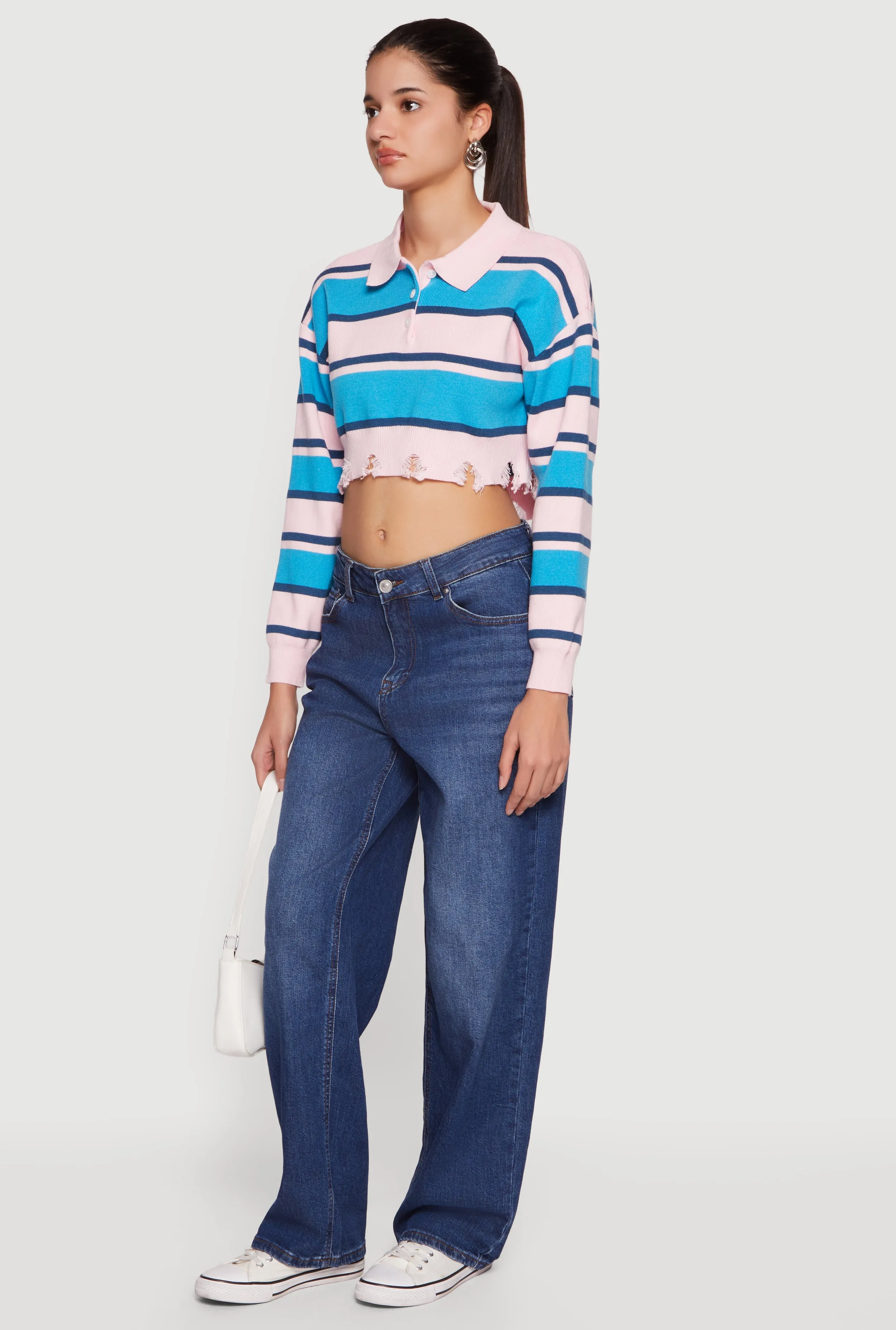 Striped Frayed Hem Cropped Polo Sweater sold by Rainbow product image thumbnail 3