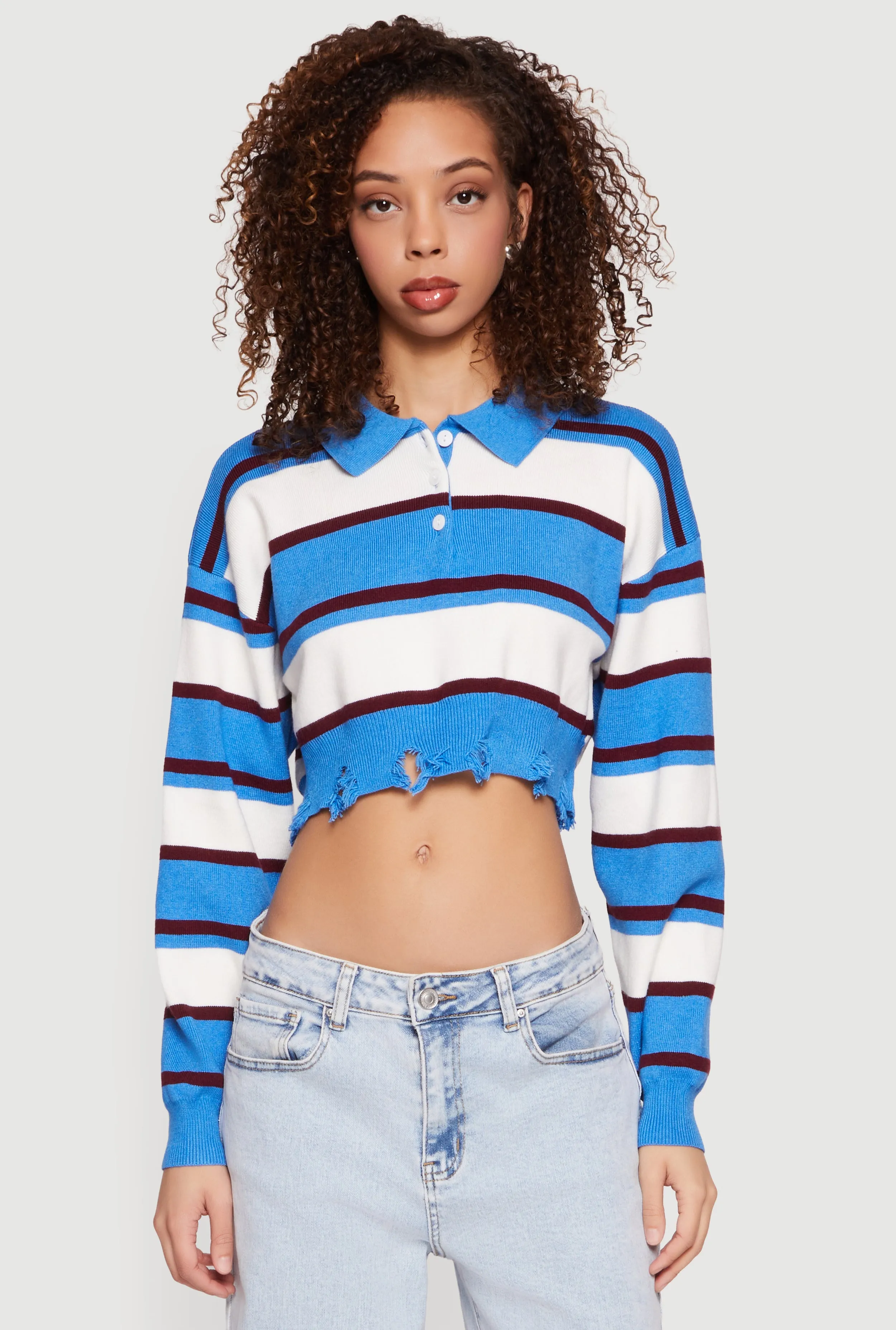 Striped Frayed Hem Cropped Polo Sweater sold by Rainbow