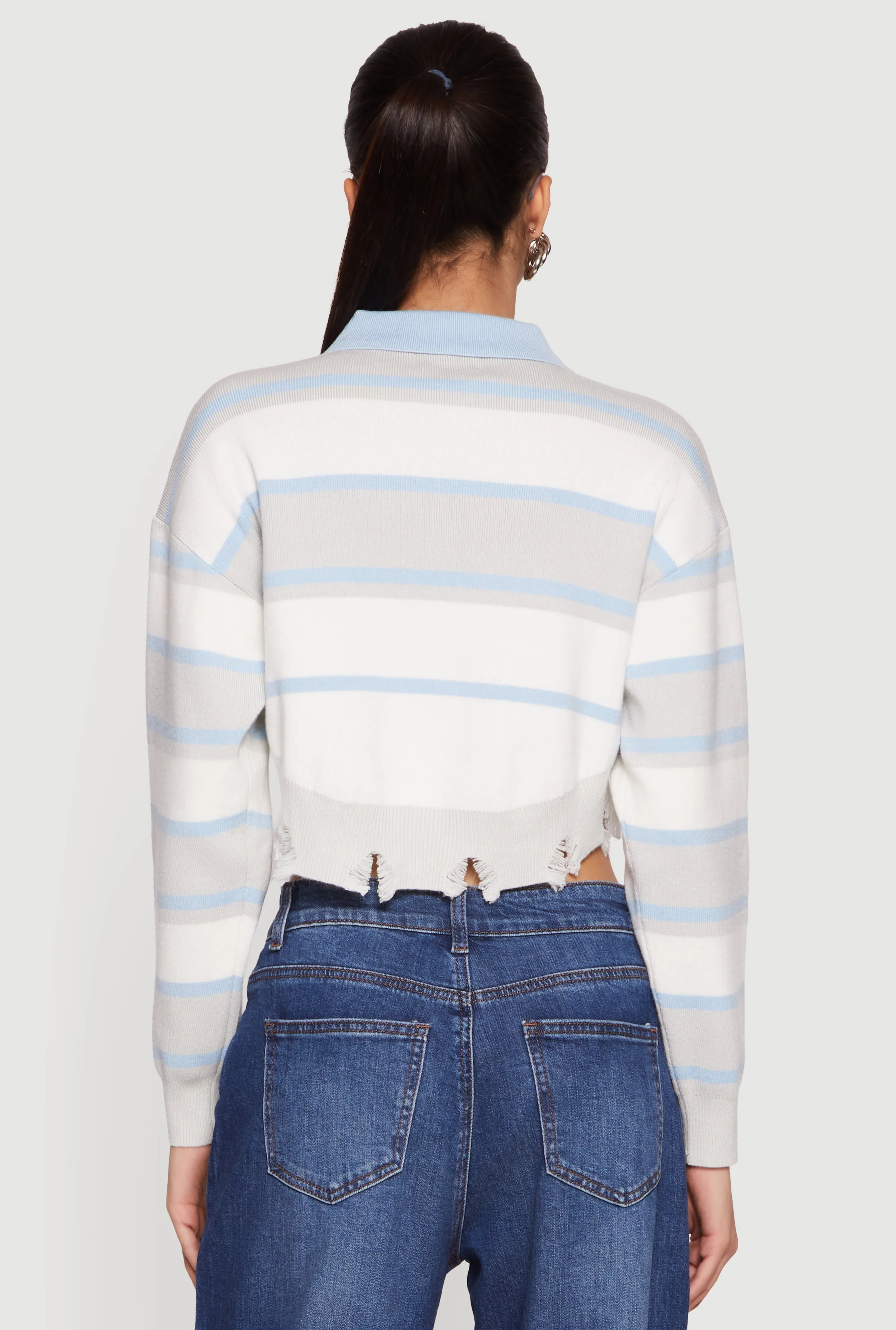 Striped Frayed Hem Cropped Polo Sweater sold by Rainbow product image thumbnail 5