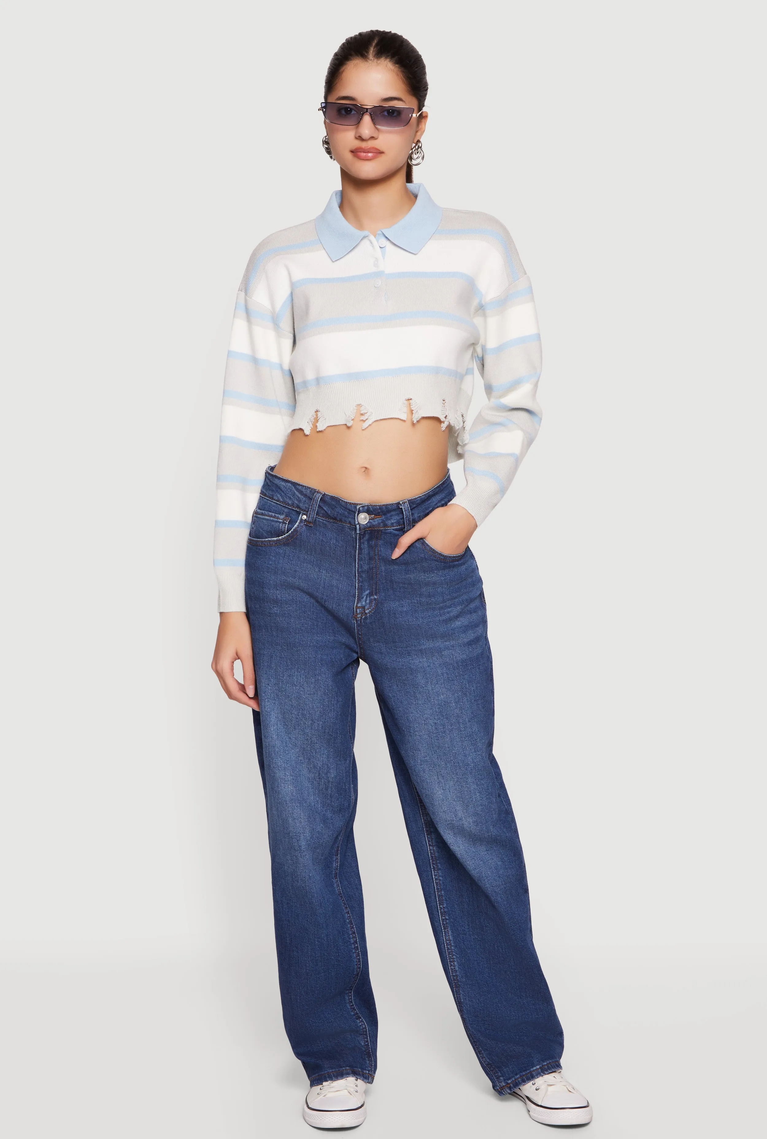Striped Frayed Hem Cropped Polo Sweater sold by Rainbow product image thumbnail 2