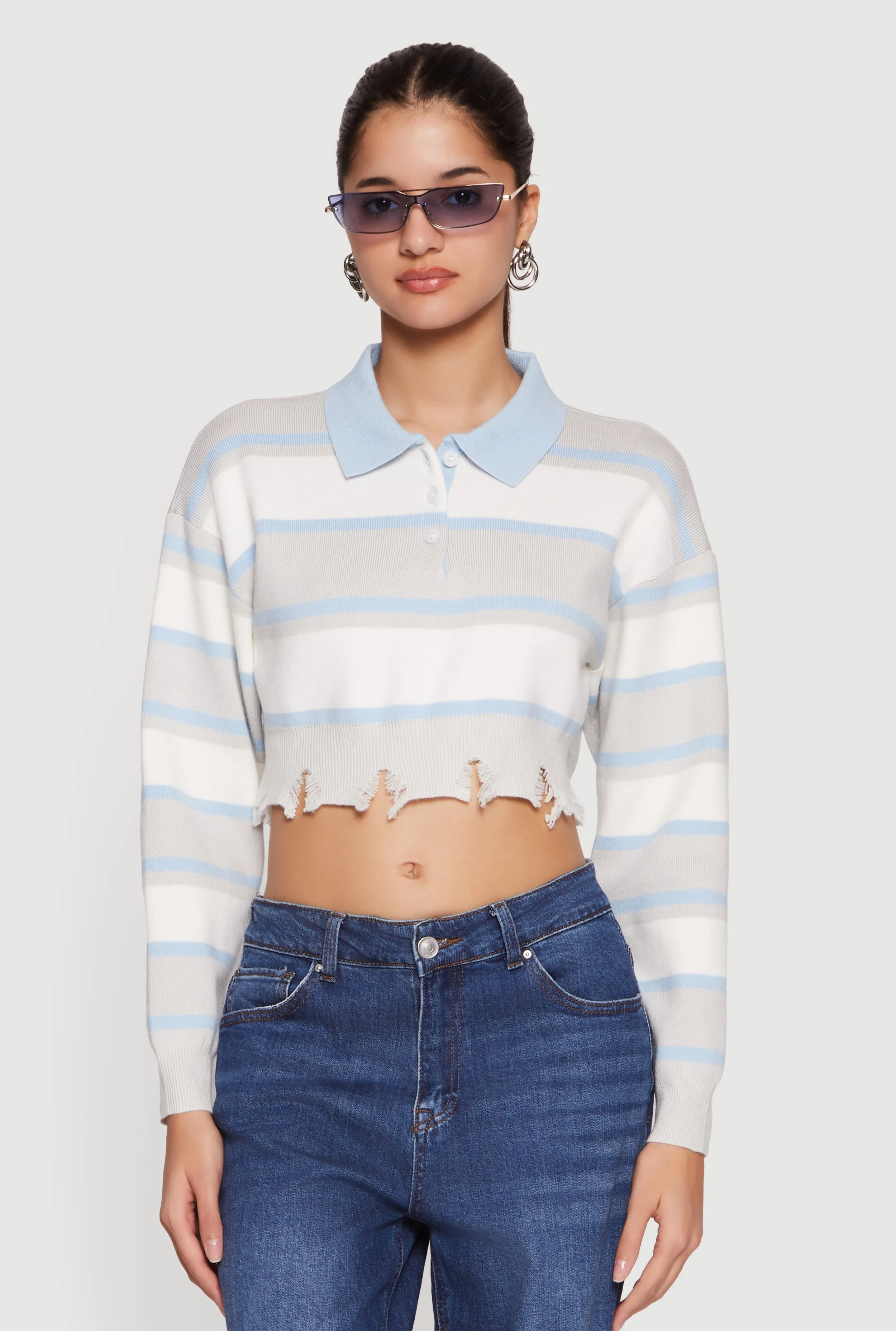 Striped Frayed Hem Cropped Polo Sweater sold by Rainbow