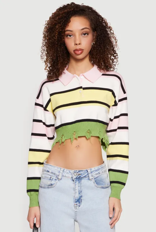 Striped Frayed Hem Cropped Polo Sweater sold by Rainbow