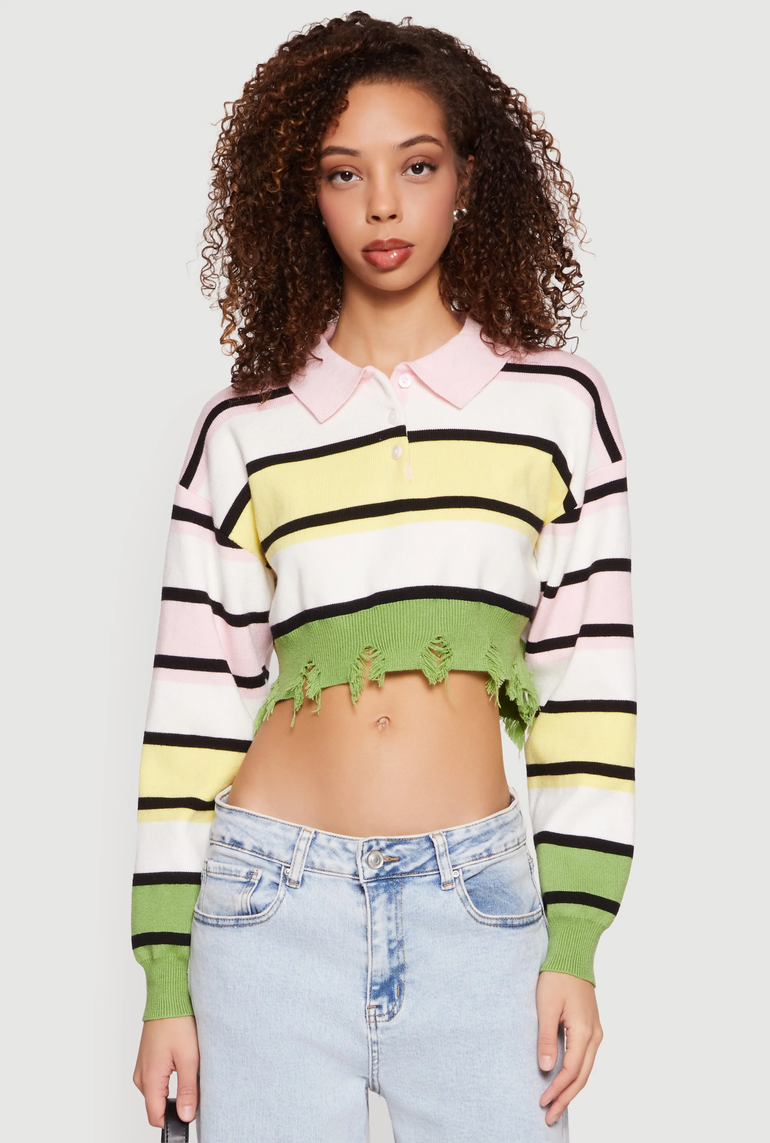 Striped Frayed Hem Cropped Polo Sweater sold by Rainbow