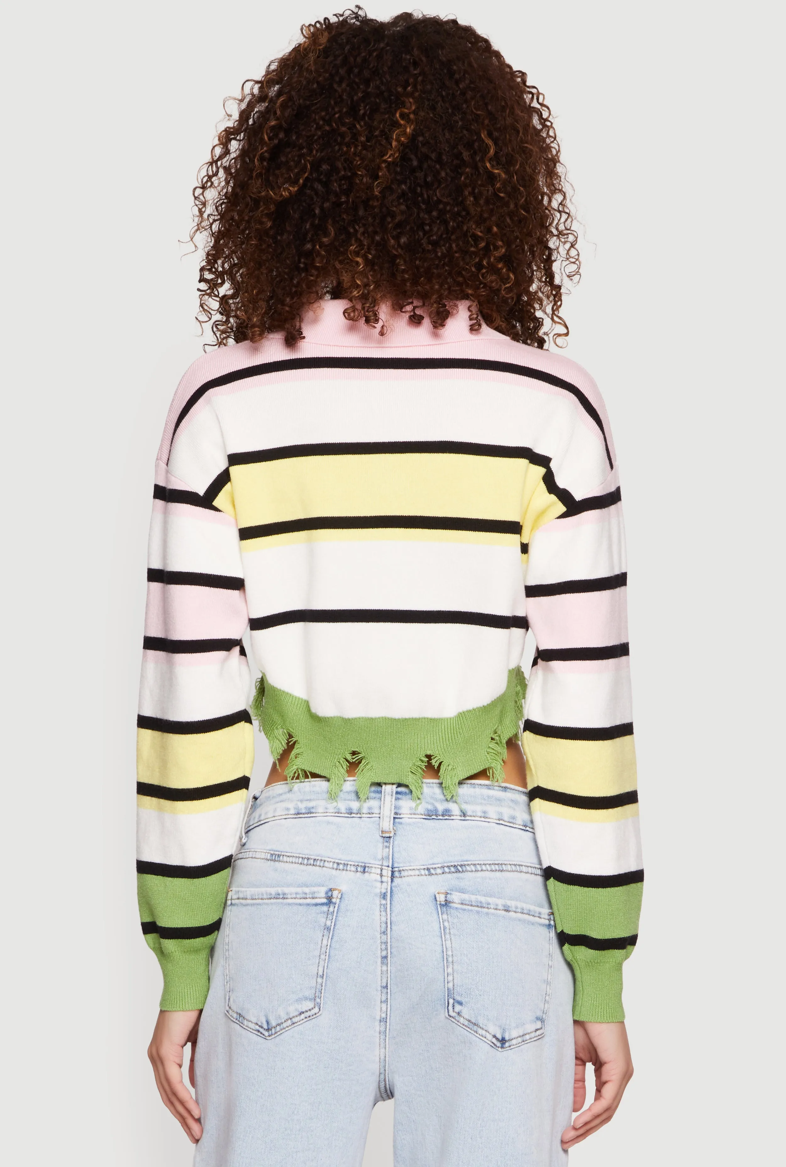 Striped Frayed Hem Cropped Polo Sweater sold by Rainbow product image thumbnail 5