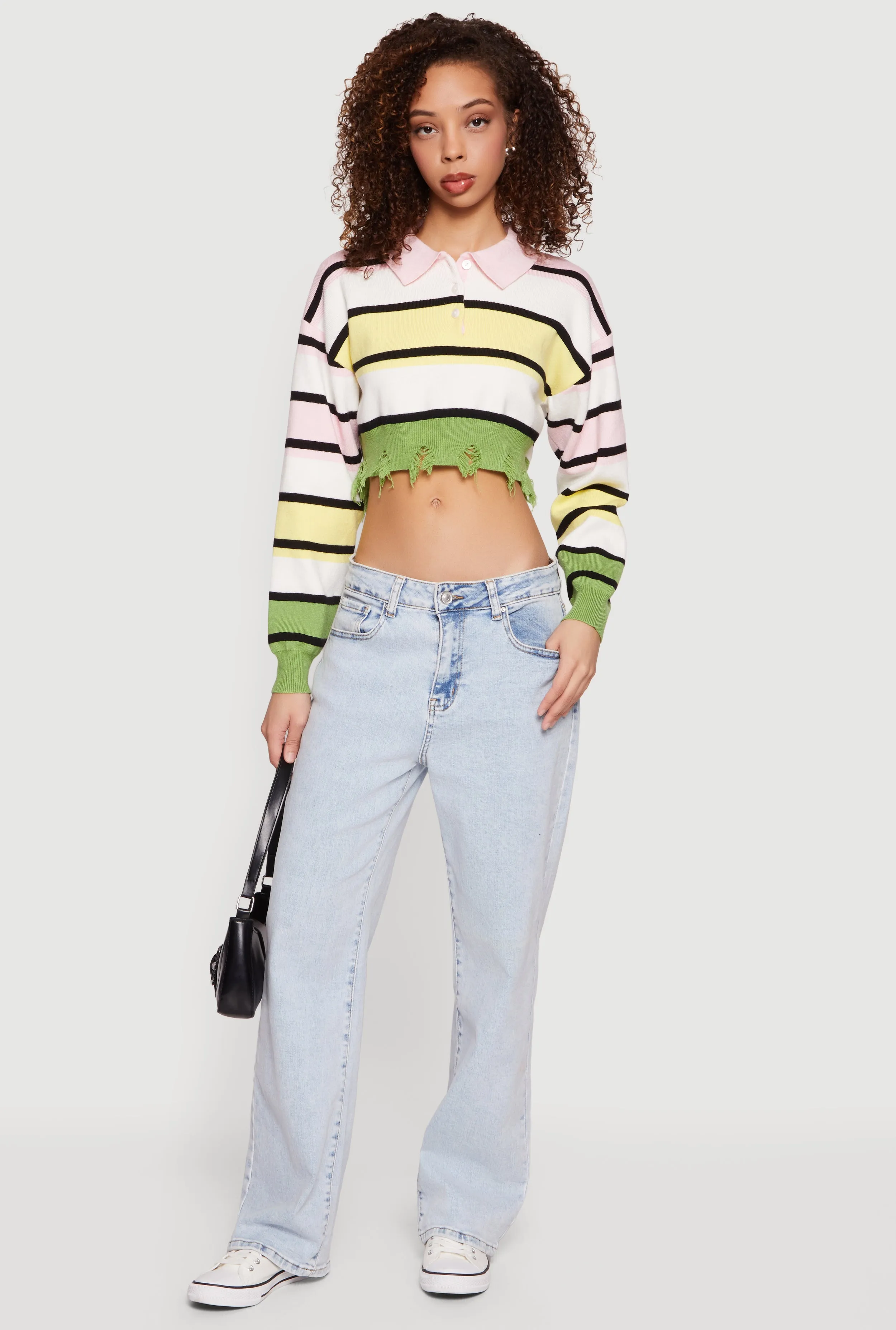 Striped Frayed Hem Cropped Polo Sweater sold by Rainbow product image thumbnail 2