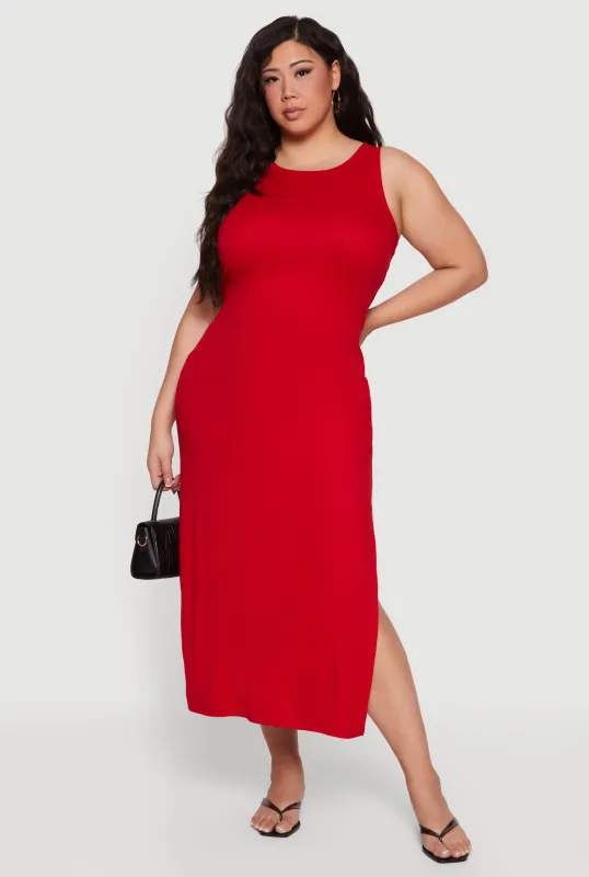 Plus Size Rib Knit Side Slit Tank Midi Dress made by Rainbow