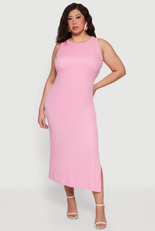 Plus Size Rib Knit Side Slit Tank Midi Dress sold by Rainbow