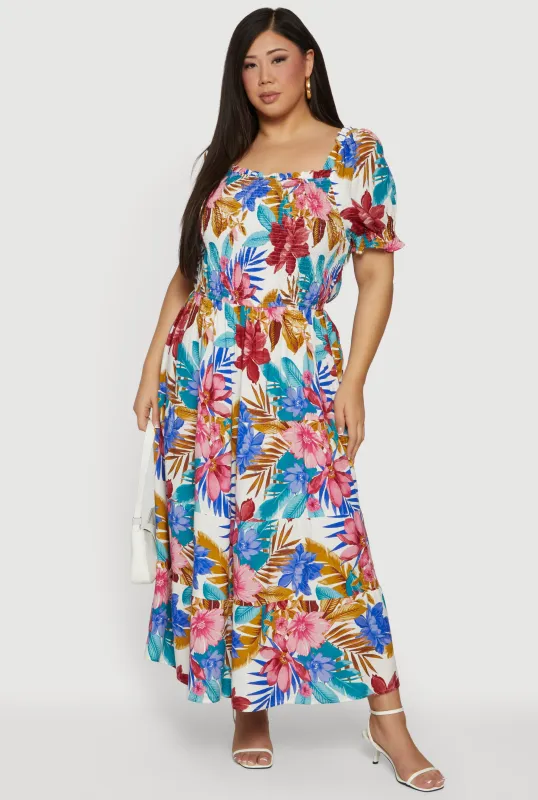 Plus Size Floral Print Puff Sleeve Tiered Maxi Dress sold by Rainbow