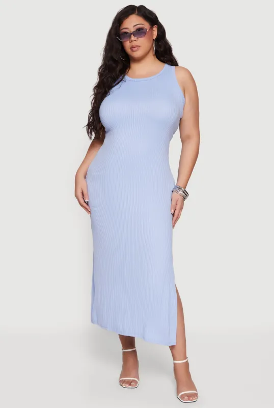 Plus Size Rib Knit Side Slit Tank Midi Dress sold by Rainbow