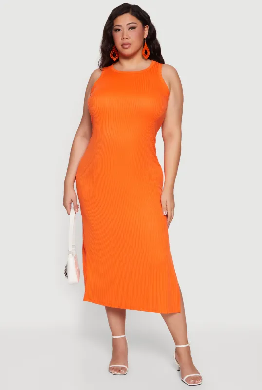 Plus Size Rib Knit Side Slit Tank Midi Dress sold by Rainbow