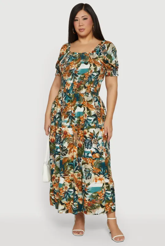 Plus Size Tropical Print Puff Sleeve Tiered Maxi Dress sold by Rainbow