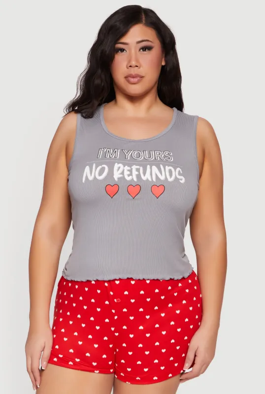 Plus Size Im Yours No Refunds Pajama Tank Top and Shorts sold by Rainbow