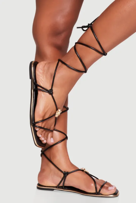Metallic Detail Faux Leather Lace Up Sandals sold by Rainbow