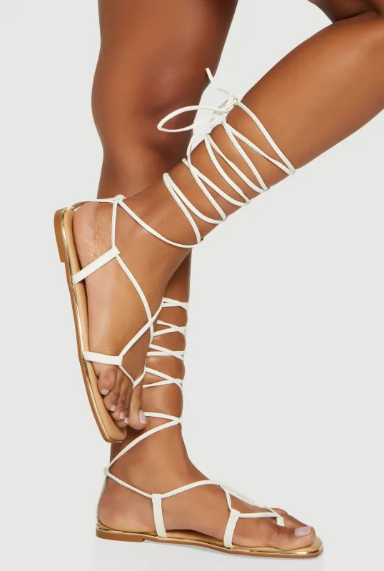 Faux Leather Lace Up Strappy Sandals made by Rainbow