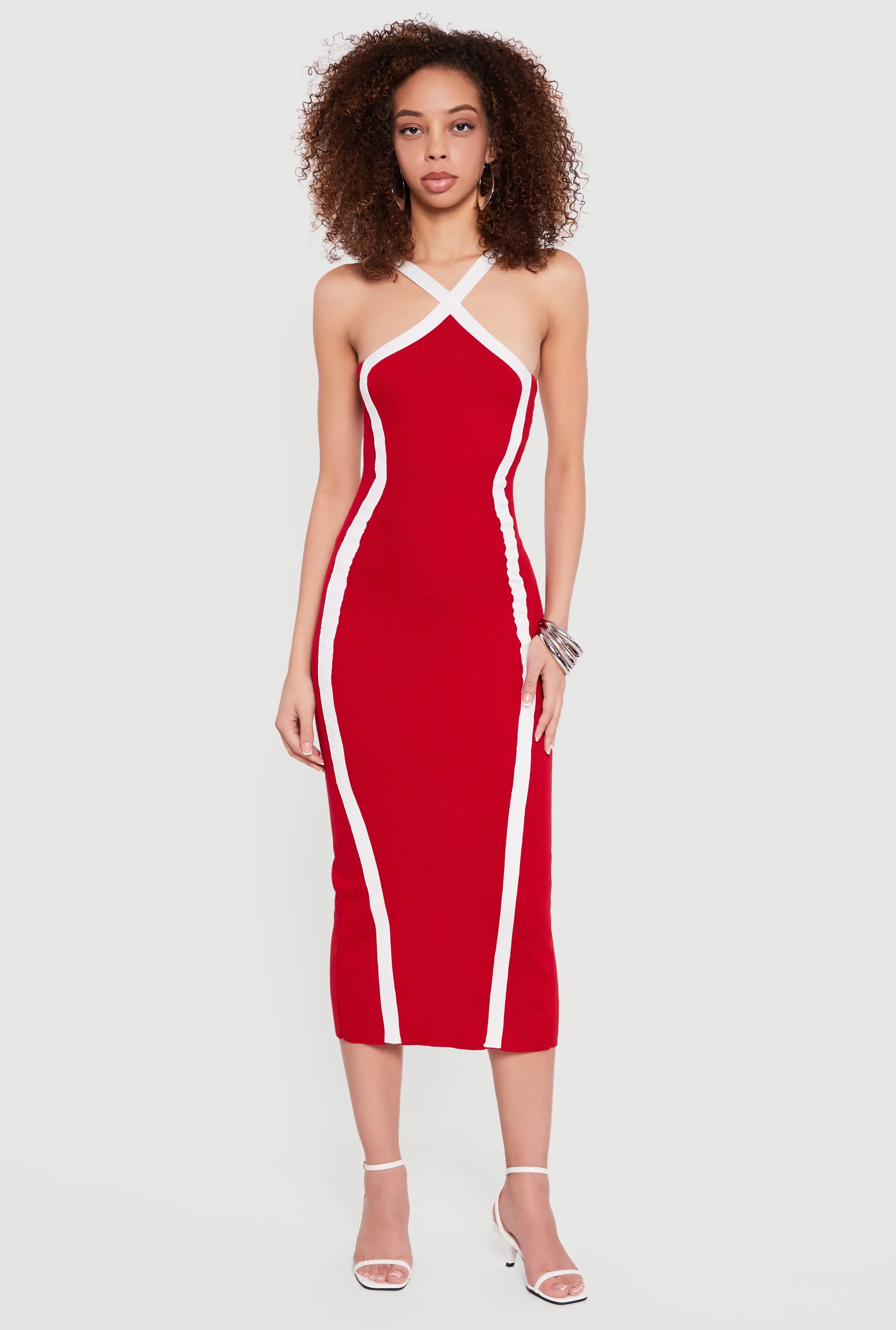 Contrast Trim Ribbed Knit Criss Cross Midi Dress sold by Rainbow