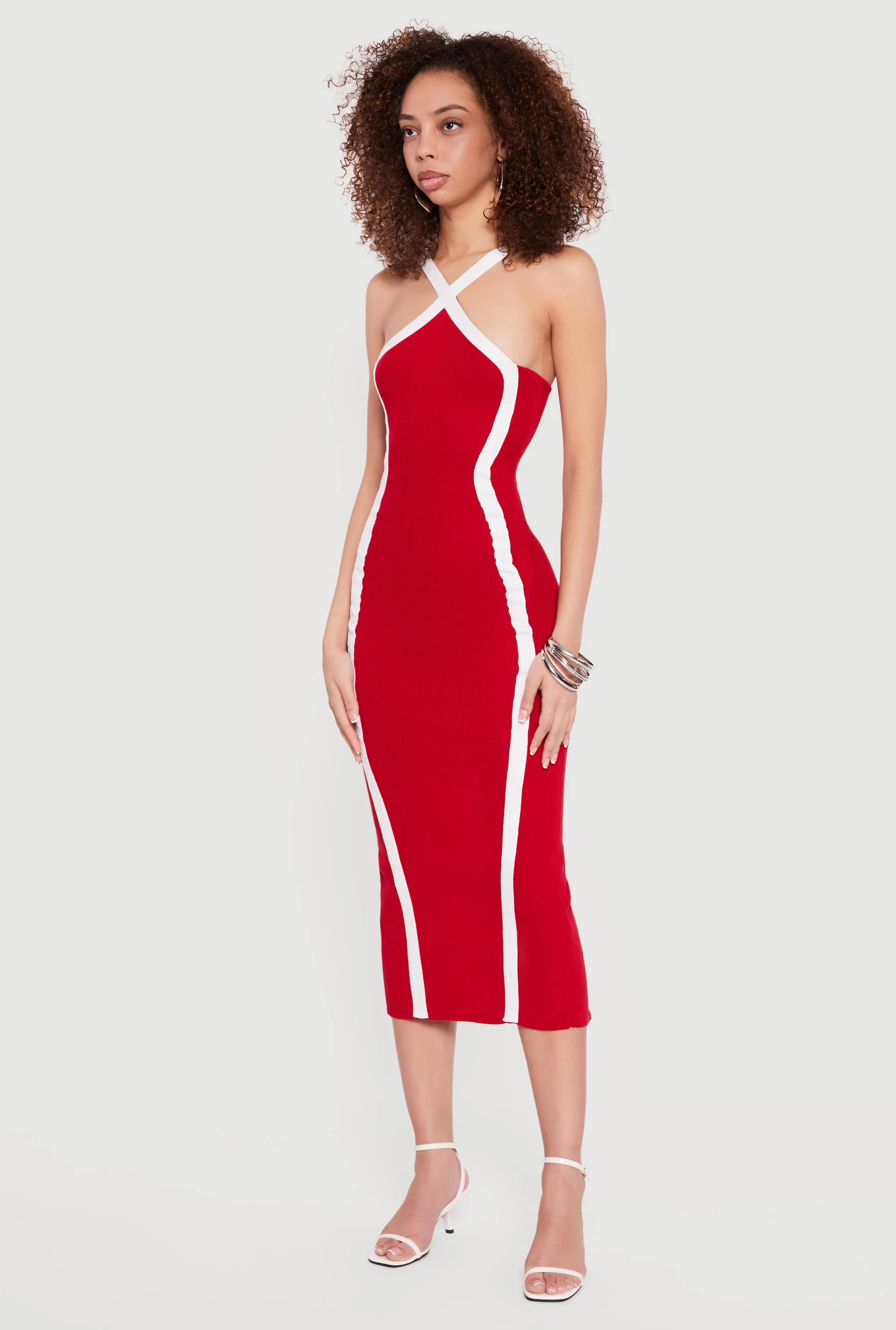 Contrast Trim Ribbed Knit Criss Cross Midi Dress sold by Rainbow product image thumbnail 2