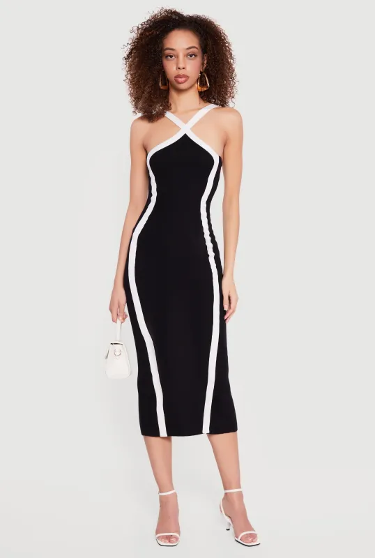 Contrast Trim Ribbed Knit Criss Cross Midi Dress sold by Rainbow