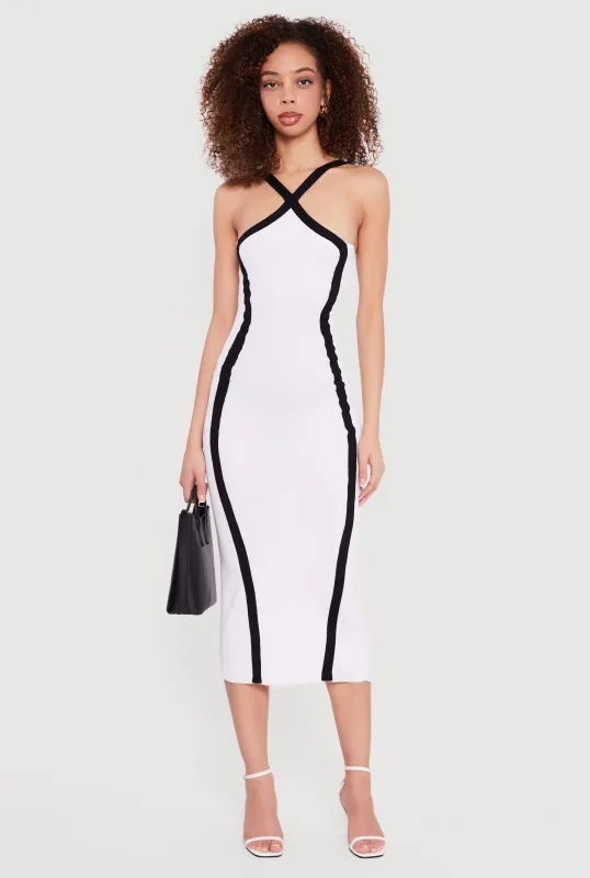 Contrast Trim Ribbed Knit Criss Cross Midi Dress sold by Rainbow