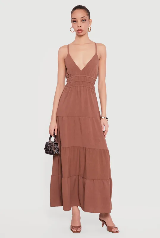 Solid Crepe Knit Tiered Maxi Dress sold by Rainbow