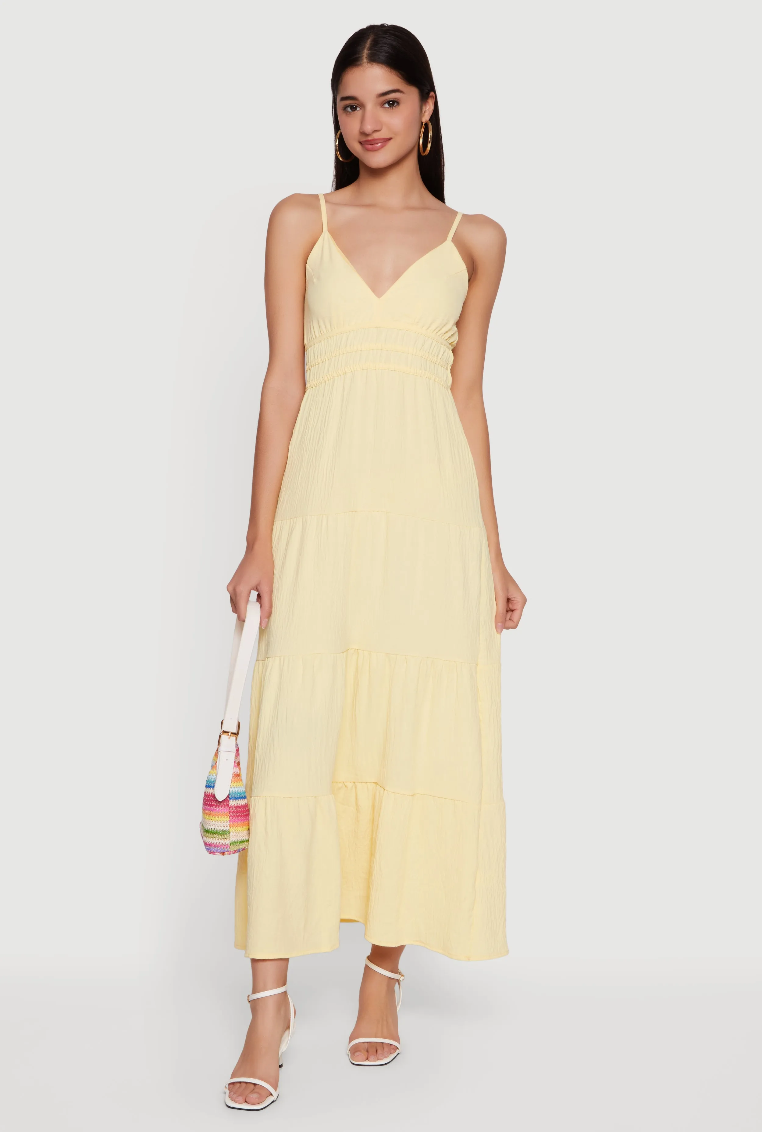 Solid Crepe Knit Tiered Maxi Dress sold by Rainbow