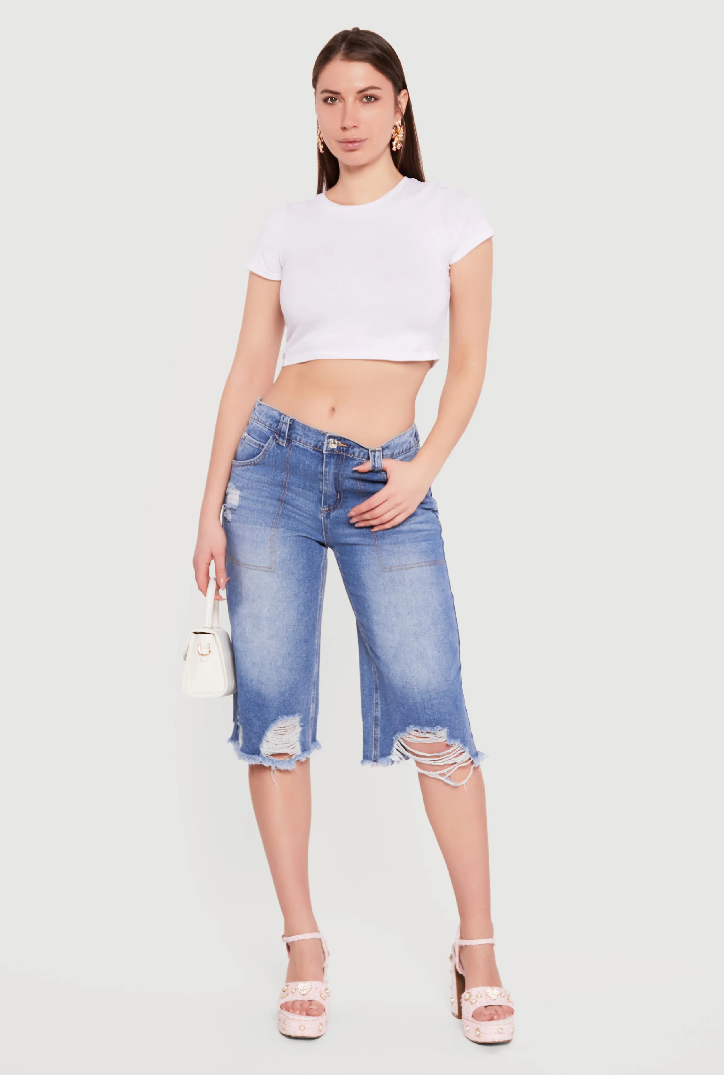Almost Famous Denim Frayed Bermuda Shorts sold by Rainbow