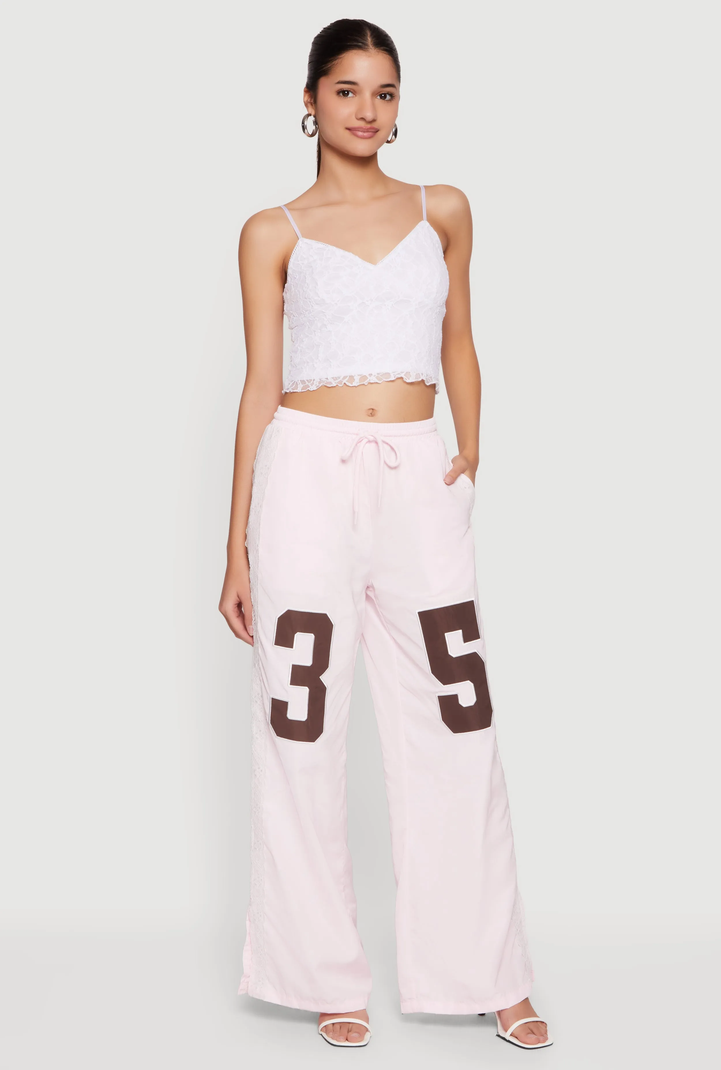 Drawstring Waist Lace Detail Graphic Wide Leg Pants sold by Rainbow product image thumbnail 4