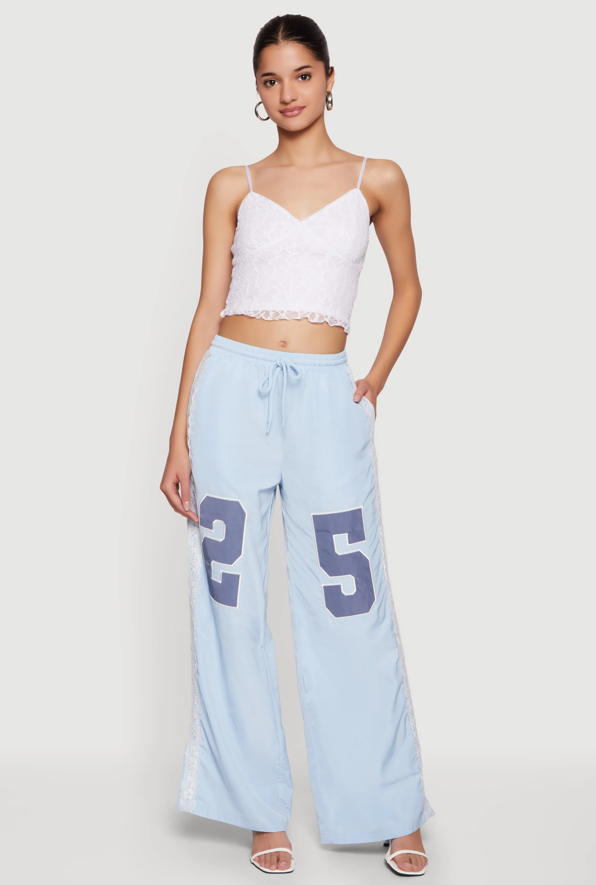 Drawstring Waist Lace Detail Graphic Wide Leg Pants sold by Rainbow