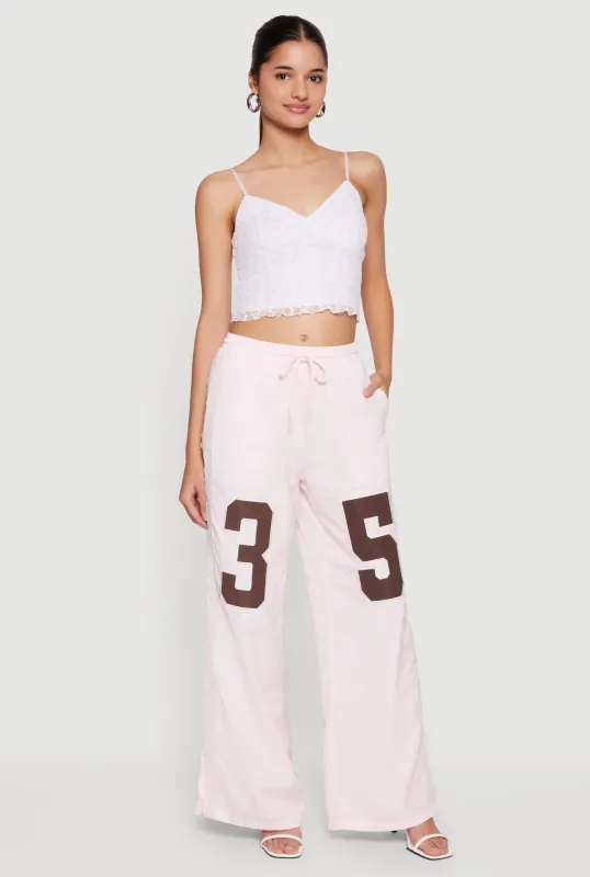 Drawstring Waist Lace Detail Graphic Wide Leg Pants sold by Rainbow