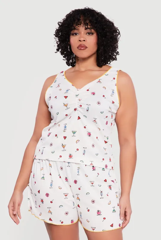 Plus Size Martini Print Ruched Pajama Top and Shorts Set made by Rainbow
