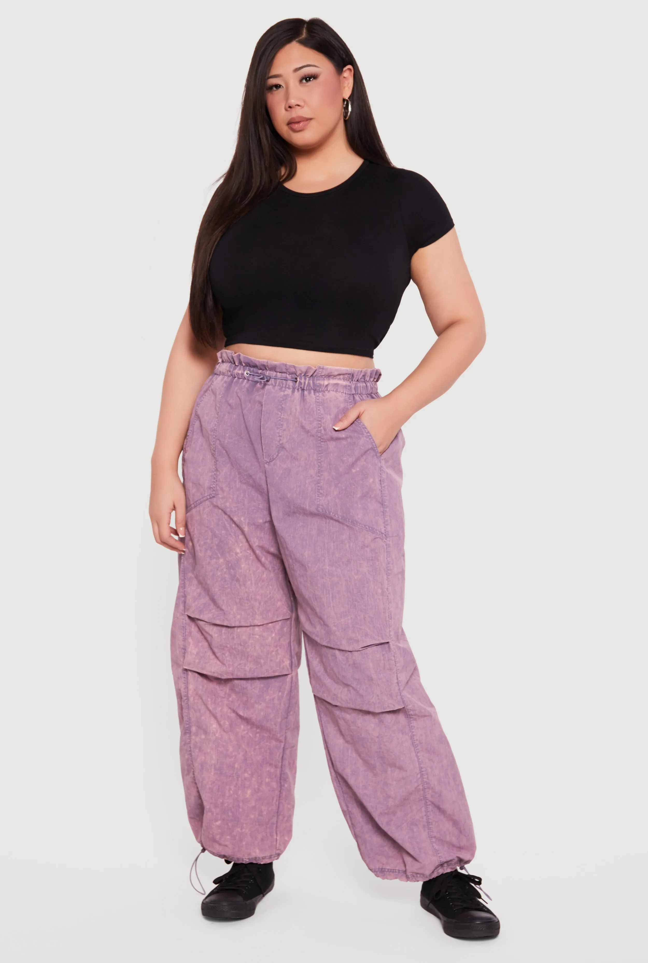 Plus Size Acid Wash Toggle Drawstring Cargo Joggers sold by Rainbow