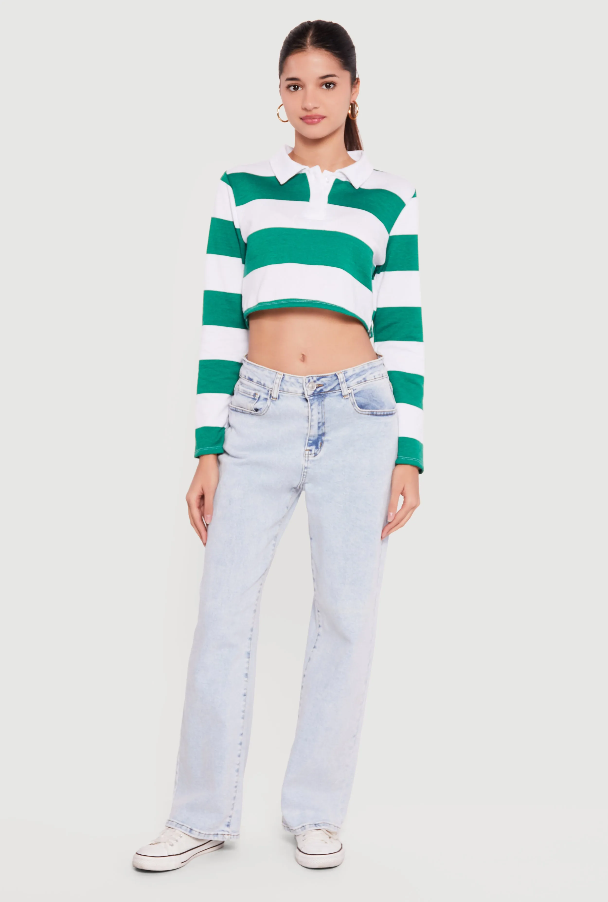 Almost Famous Striped Long Sleeve Cropped Polo Top sold by Rainbow