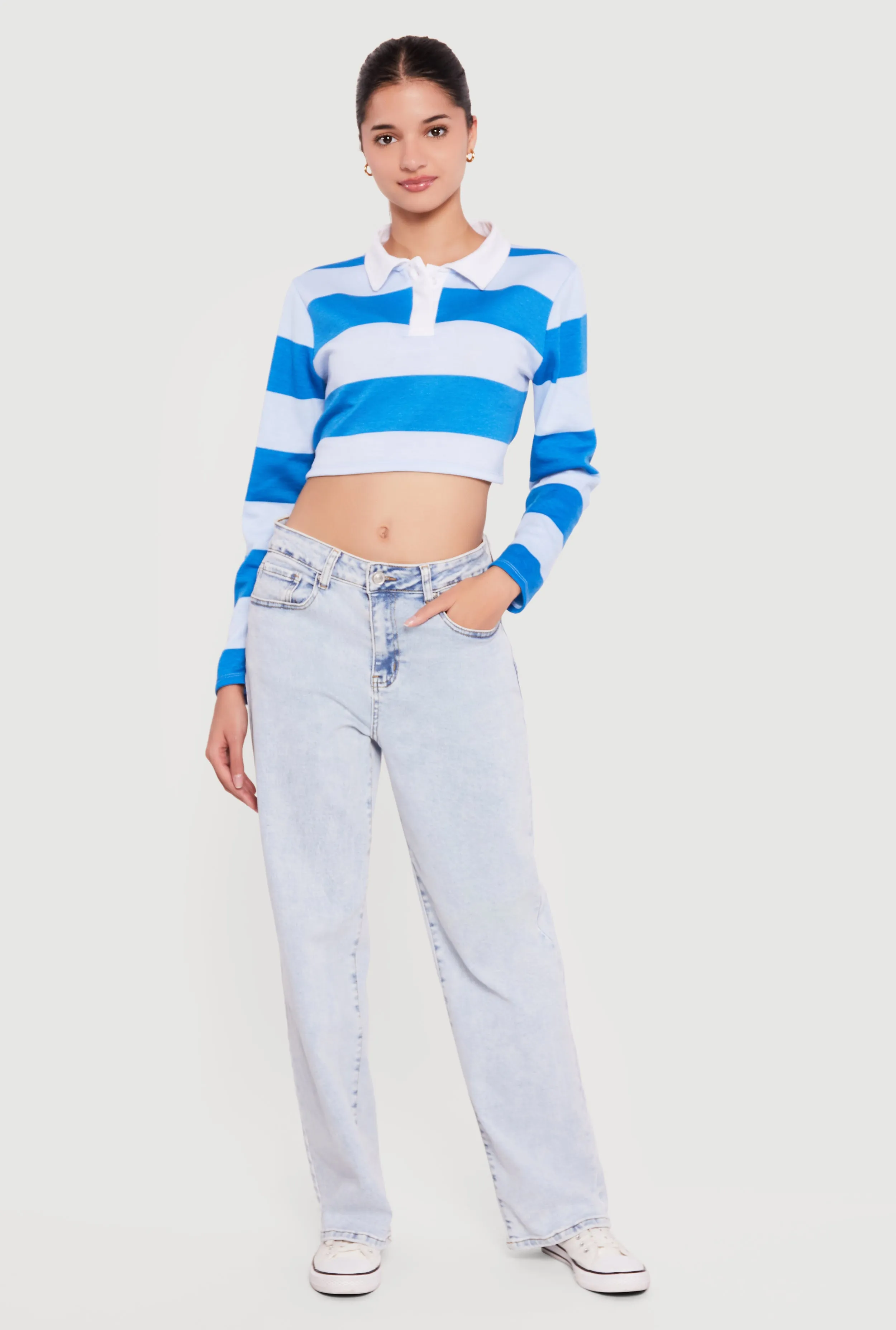 Almost Famous Striped Long Sleeve Cropped Polo Top sold by Rainbow product image thumbnail 2