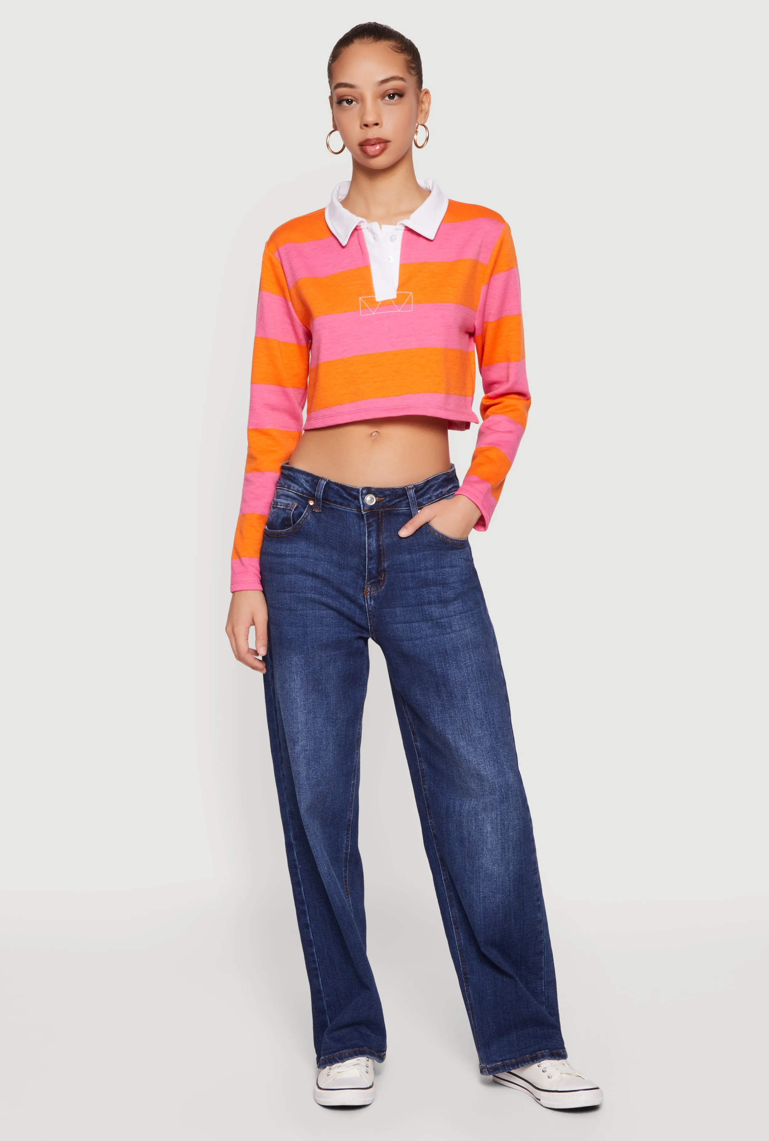 Almost Famous Striped Long Sleeve Cropped Polo Top sold by Rainbow product image thumbnail 4